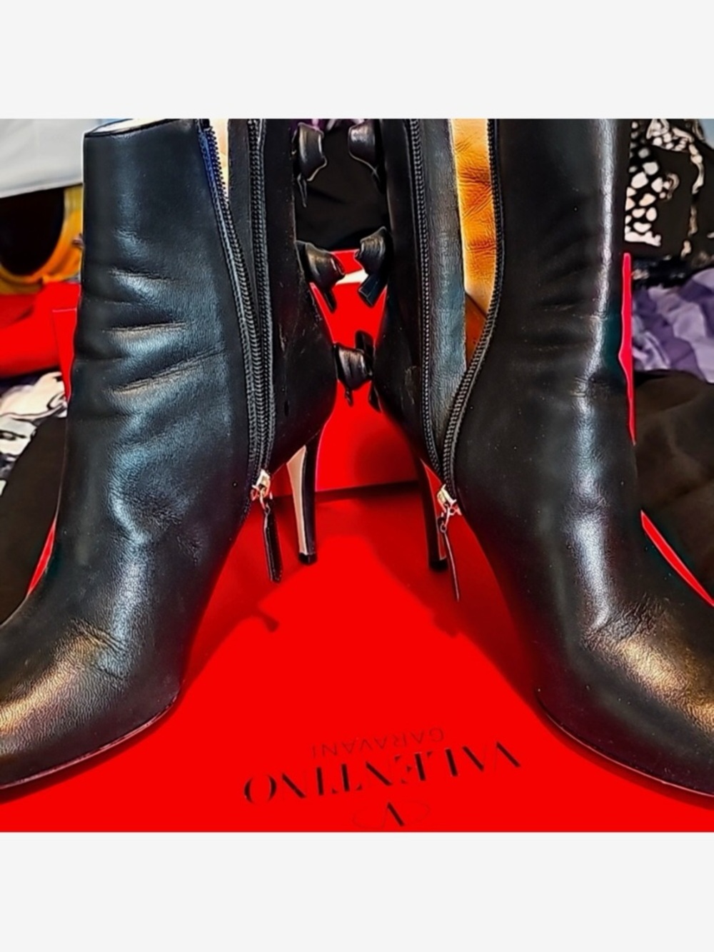 Valentino Garavani Black Leather Zip with Bows. Size 8 Ankle Boots